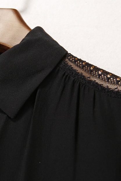 Lapel Neck Flare Sleeve Button Down Sheer Lace Dress With Belt