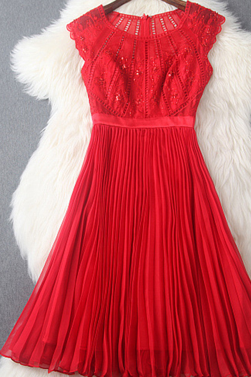 Little Cap Sleeve Lace-Inset With Beaded Embroidered Pleated Cocktail Dress