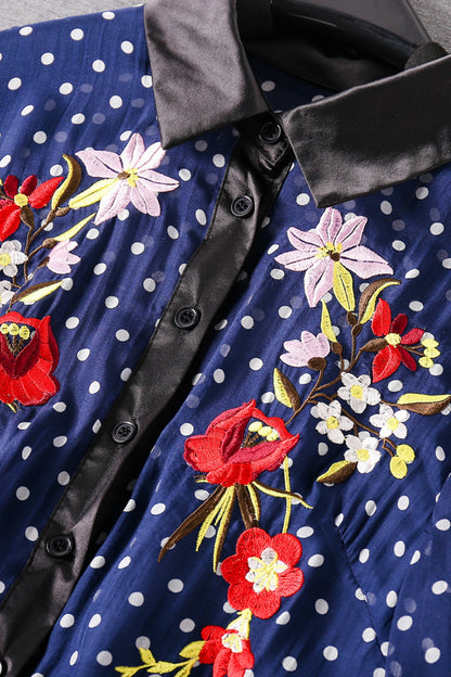 Lapel Neck Flowers Embroidery Flare Dress