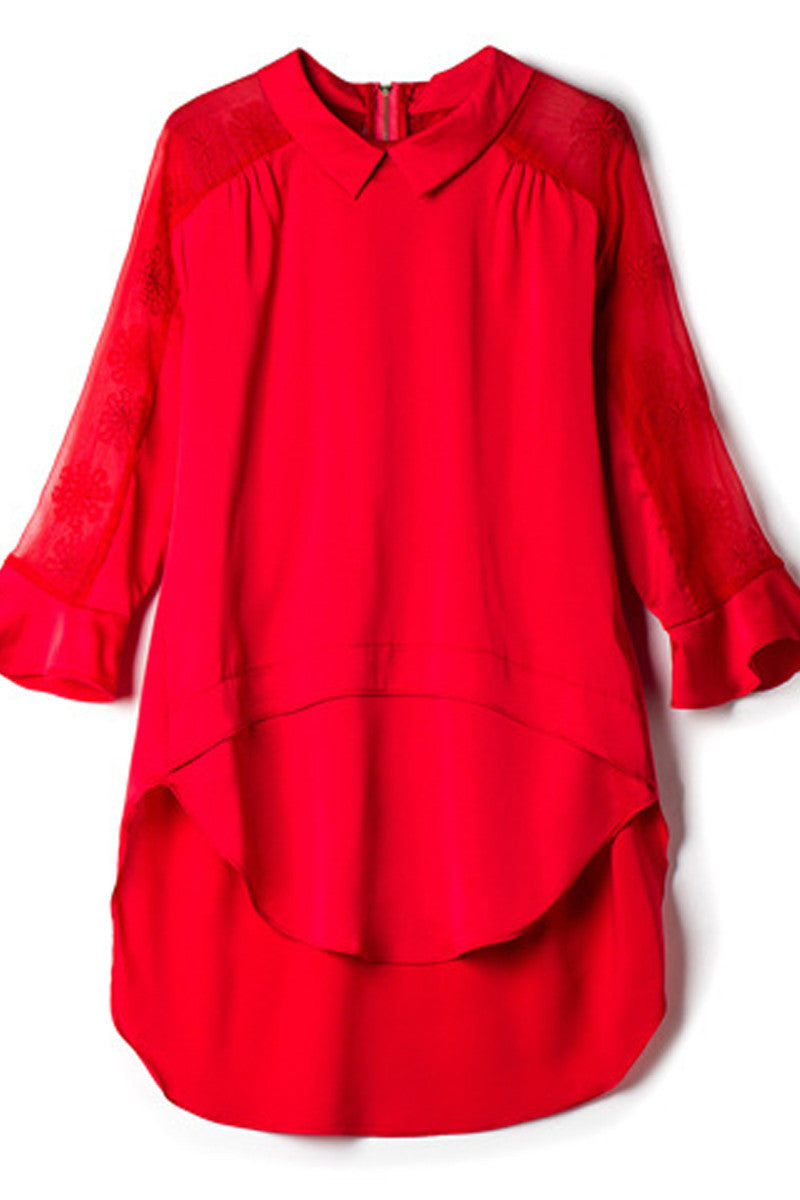 Lapel Neck Flare Sleeve Sheer Mesh Patch Side Slit Short Front  Back Top