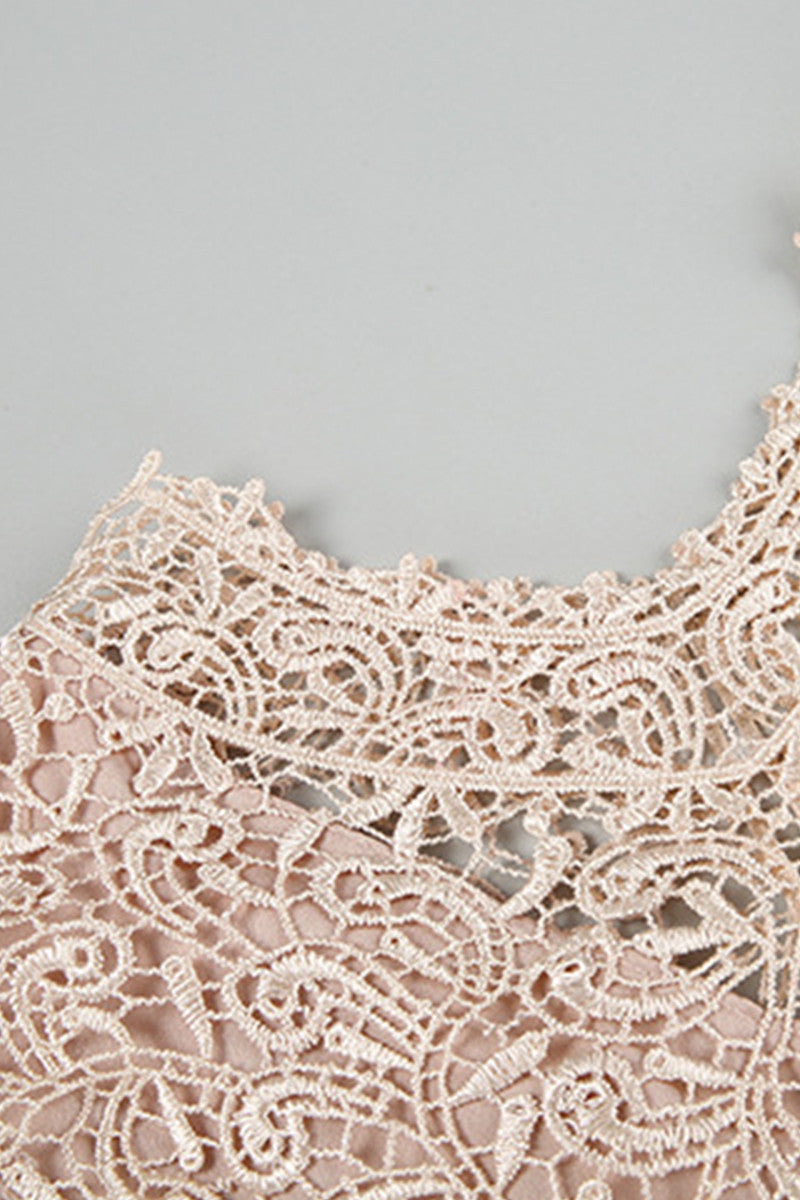 Stand Coollar Crohet Lace Applique Tulle Overlaid Crushed Dress