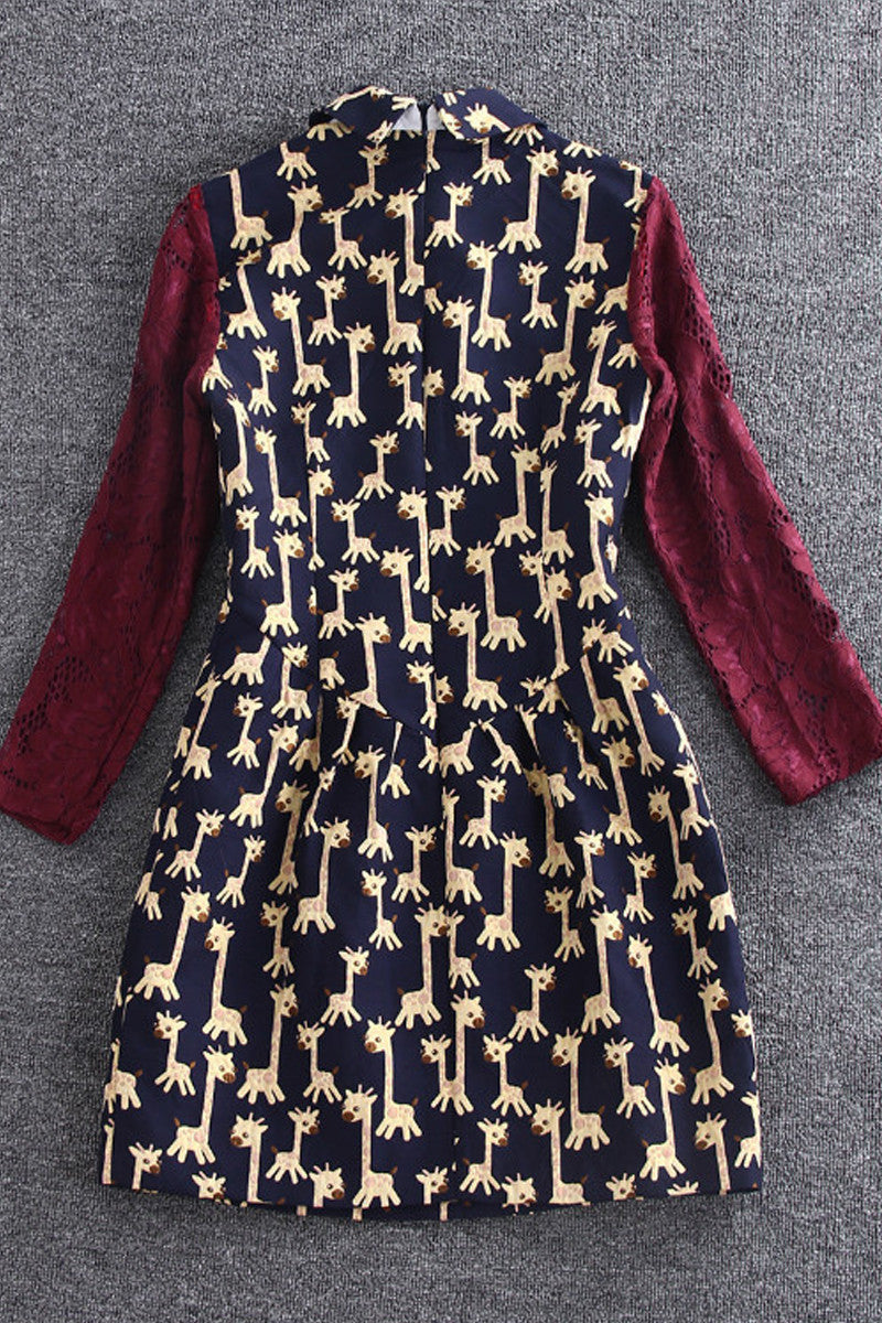 Giraffe Pattern Printed Faux Two-Piece Dress - NJOYDRESS - 5