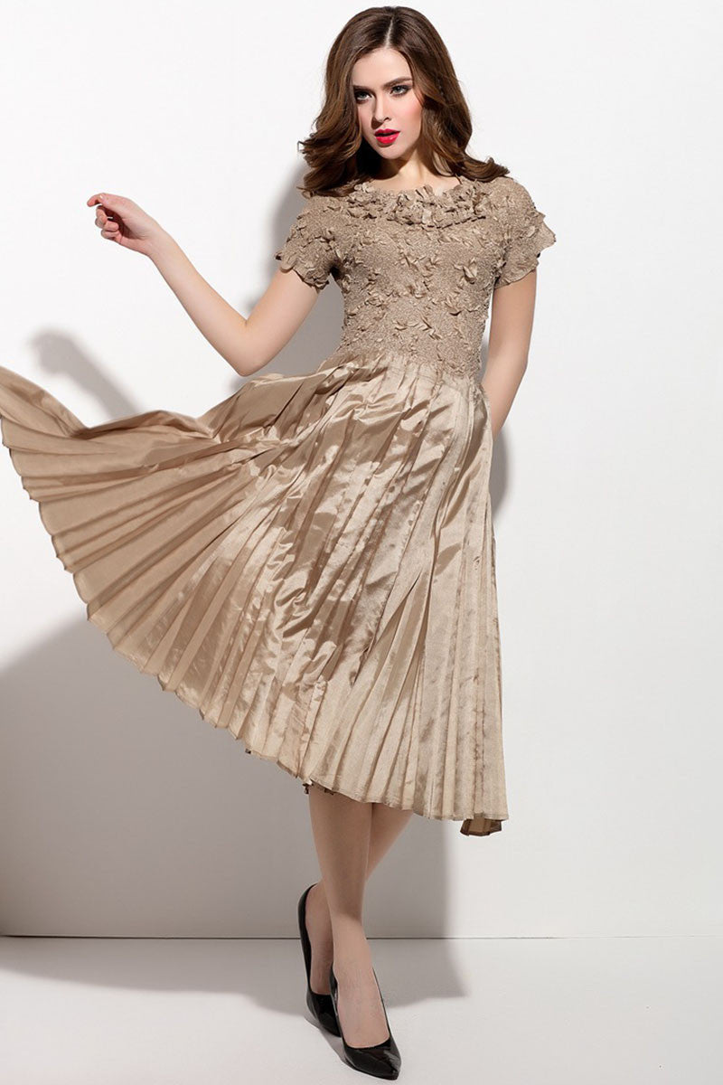 Round Collar Pleated Swing Flare Fit Wedding Party  Dress - NJOYDRESS - 1