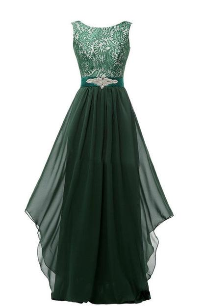 Round Collar Lace Applique Beaded Empire Waist Backless Flare Hem Tulle Gown Dress