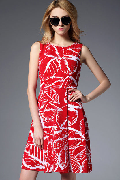 [30% OFF TILL 8 APR] Round Collar Leaves Pattern Pleated Full Dress