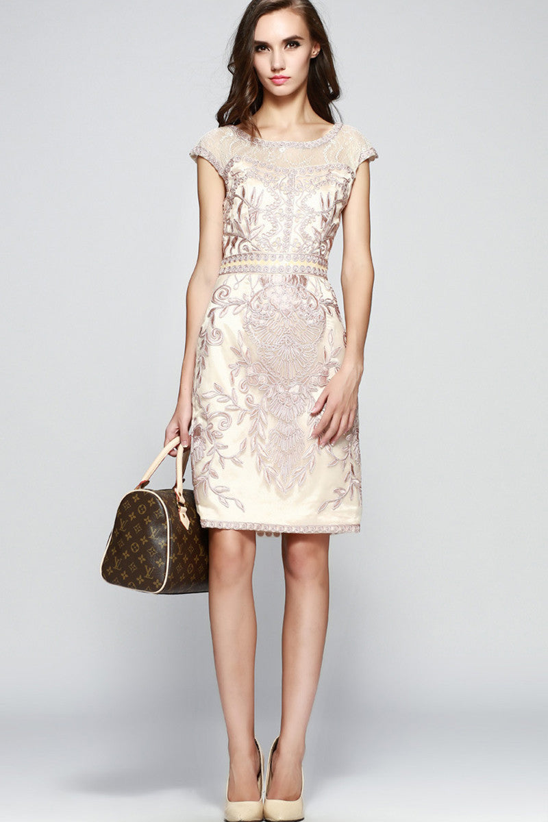 See Through Mesh Floral Embroidered Slim Dress