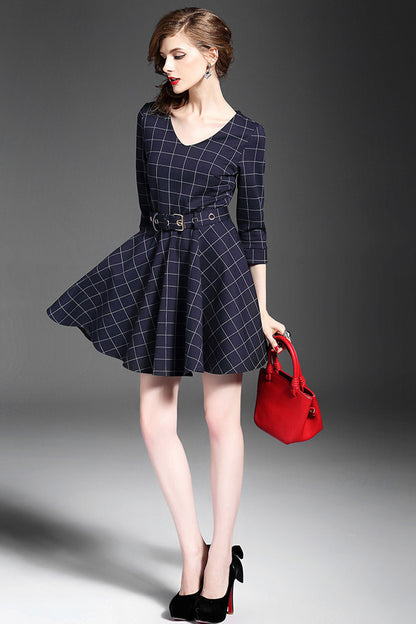 V Neck Shirring Waist Plaid Flare Dress With Belt