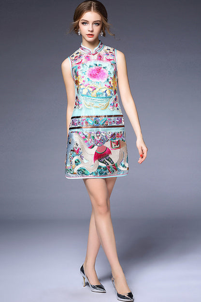 Sleeveless Stand Collar Peony Embriodery Slim Chirpaur