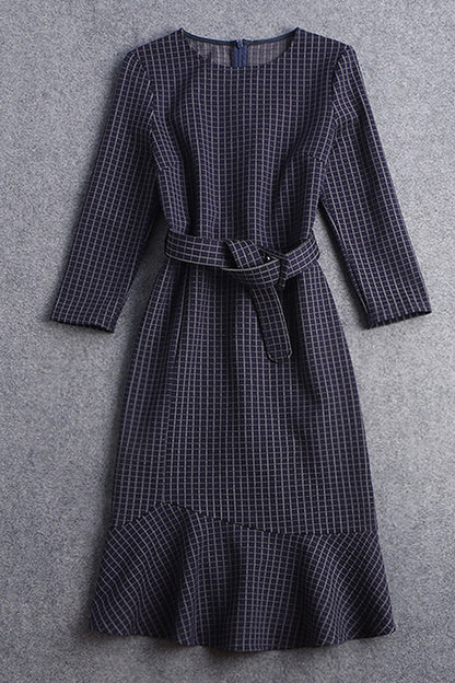 Round Collar Plaid Fish Tail Slim And Fitted Dress With Belt