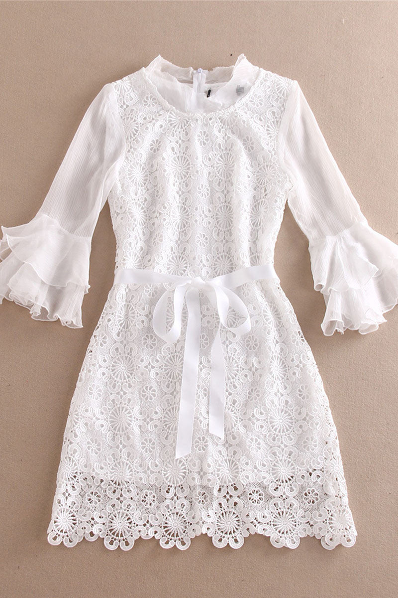 Round Collar Lattern Flare Chiffon Sleeve Lace Dress