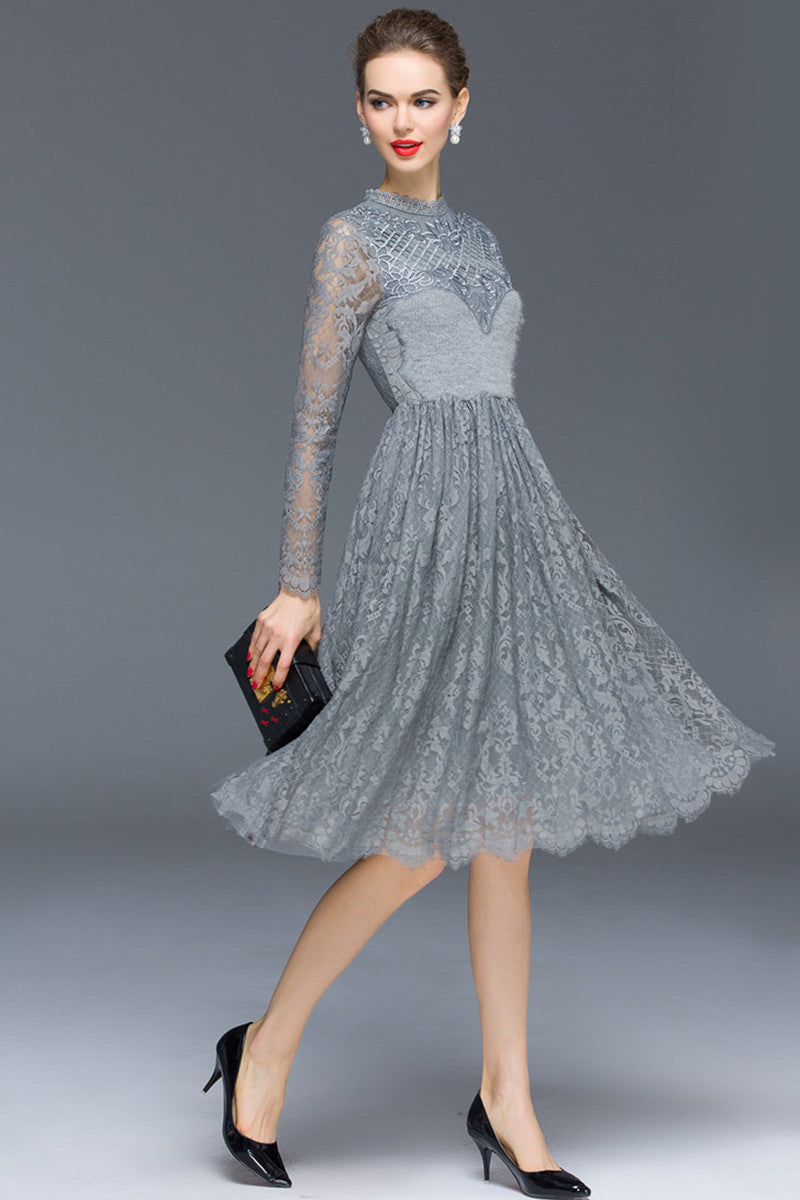 WOMEN'S LACE ROUND NECK CASUAL GRACE LONG SLEEVE PARTY DRESS