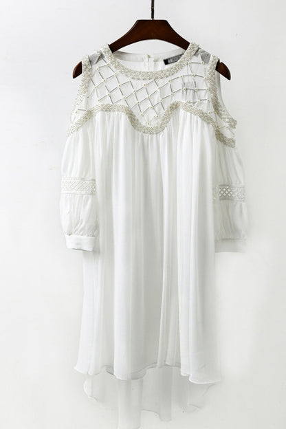 Beaded Open Puff Sleeve Loose Runched Hi-Low Dress