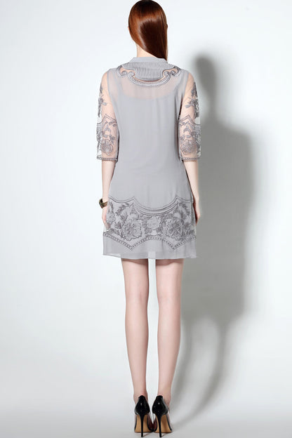 Pintuck Organza Embroidered Short Cocktail Dress