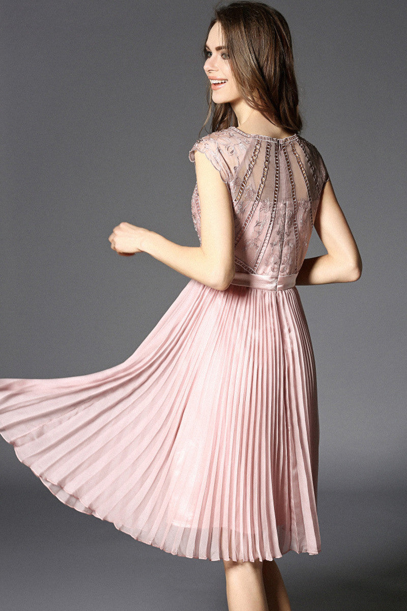 Little Cap Sleeve Lace-Inset With Beaded Embroidered Pleated Cocktail Dress