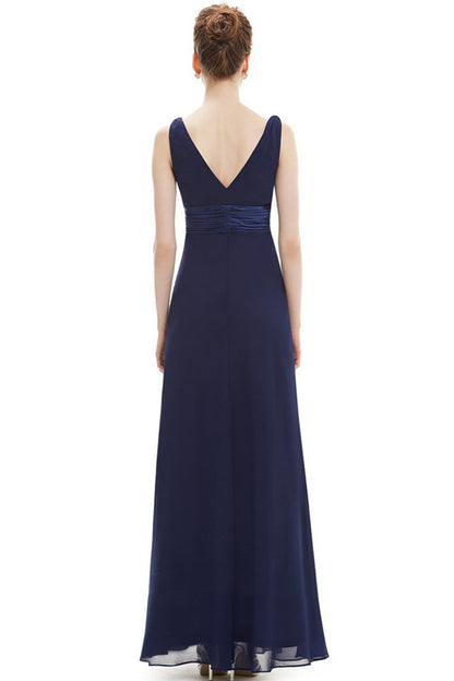 Double V-Neck Rhinestones Ruched Bust Gown Long Dress