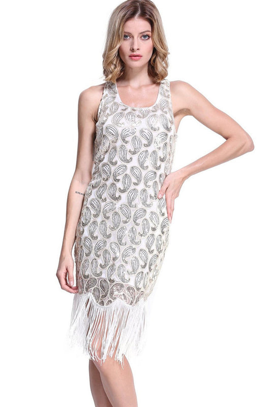 V Neck Full Sequined Geometric Pattern Tassel Fringe  Flapper Dress - NJOYDRESS - 1