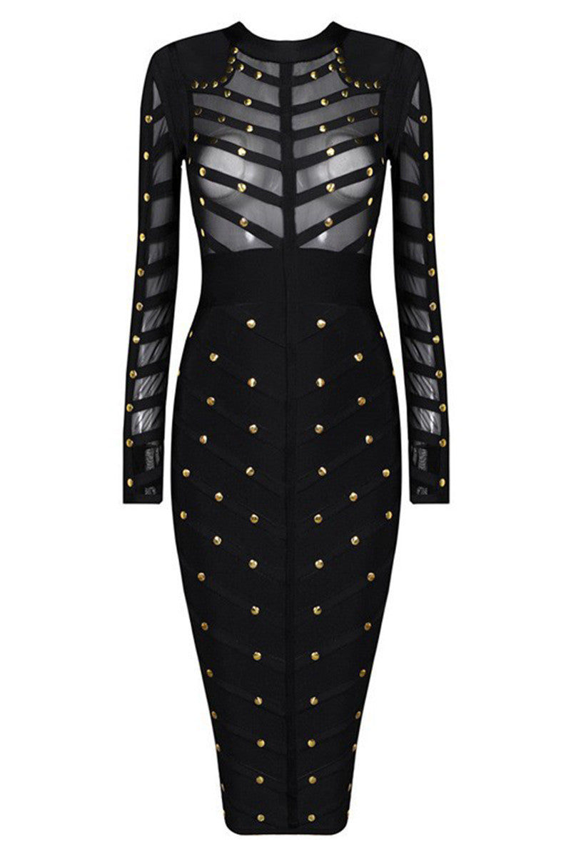 Studed Lace Srtipe Bodycon Long Sleeve Wrap Midi Dress