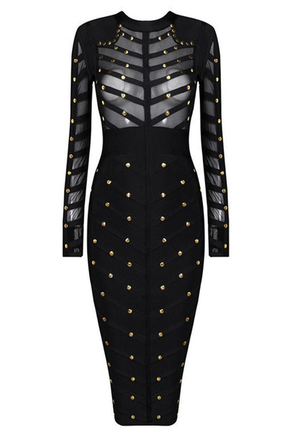 Studed Lace Srtipe Bodycon Long Sleeve Wrap Midi Dress