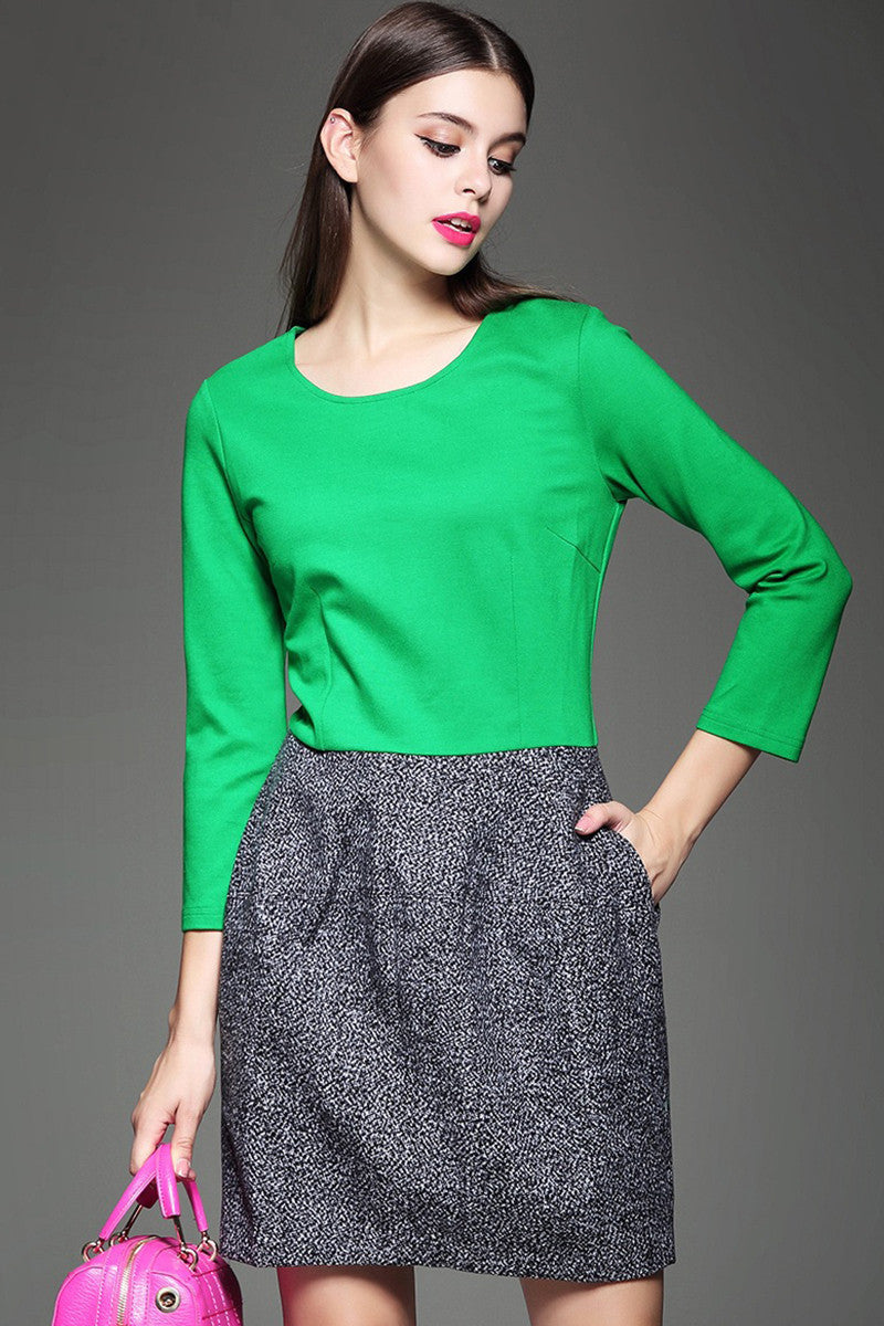 WOMNE'S WEAR TO WORK SLIM ROUND NECK LONG SLEEVE VINTAGE SHORT DRESS