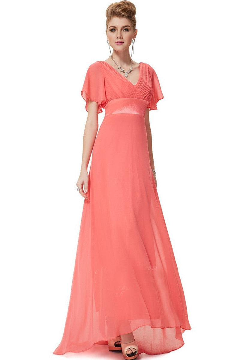 Deep V Neck Empire Waist Flare Mesh Sleeve Backless Dress Gown