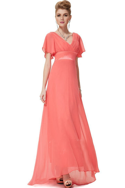 Deep V Neck Empire Waist Flare Mesh Sleeve Backless Dress Gown
