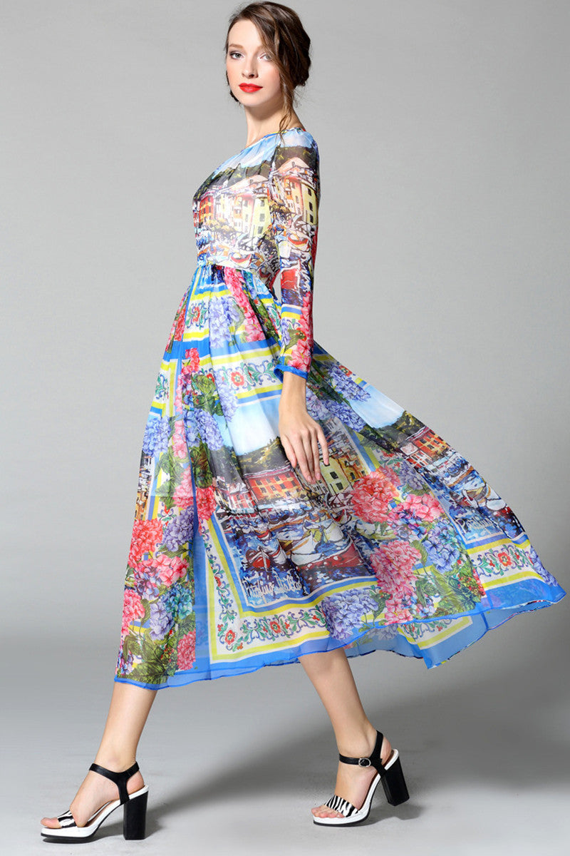 ROUND NECK 9 SLEEVE PRINTING CASUAL VACATION LONG DRESS