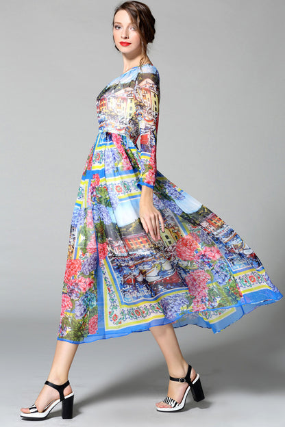 ROUND NECK 9 SLEEVE PRINTING CASUAL VACATION LONG DRESS