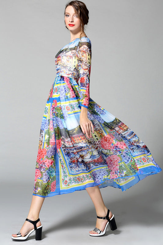 ROUND NECK 9 SLEEVE PRINTING CASUAL VACATION LONG DRESS