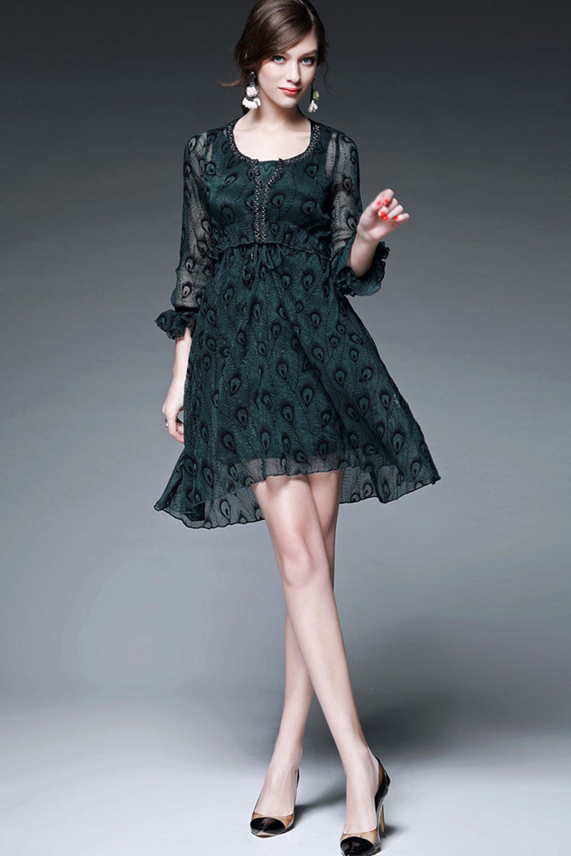 Round Beaded Collar  Sheer Ruffle  Sleeve Swing Dress - NJOYDRESS - 1