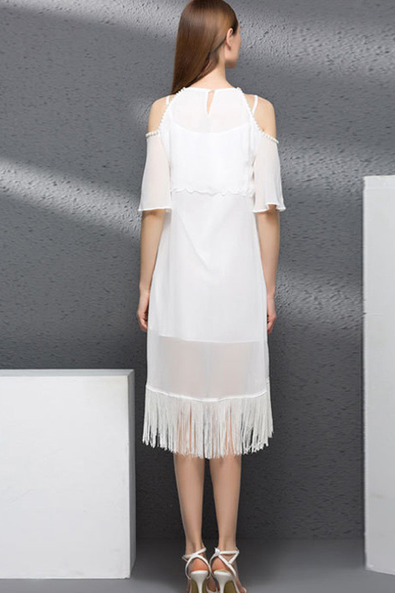 Cold Shoulder Trumpet Sleeve Embroidery Dress