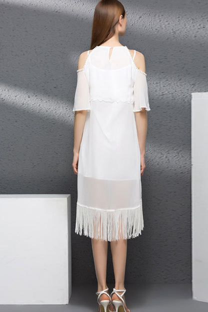Cold Shoulder Trumpet Sleeve Embroidery Dress