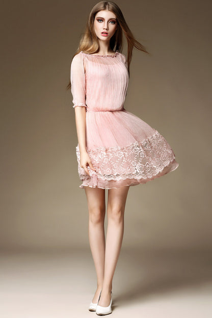 [30% OFF TILL 7 APR] Casual Round Neck Lace Skirt Hem Mini Dress