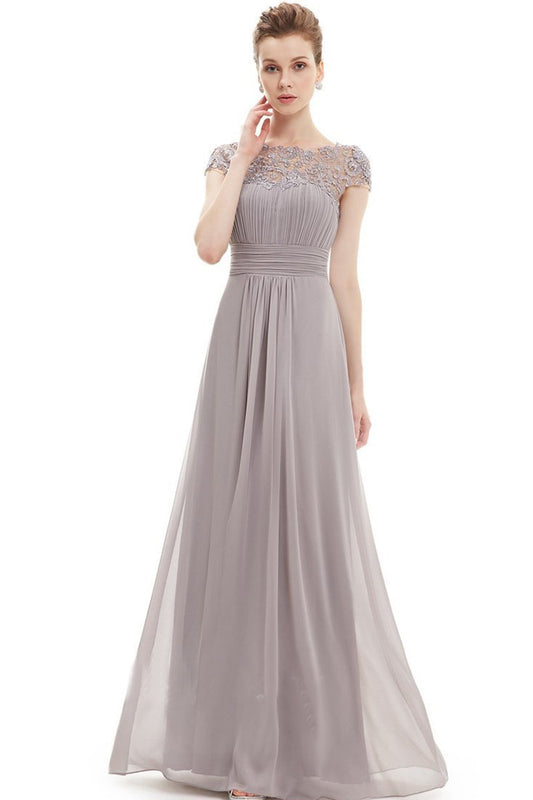 Boat Neck Lace AppliqueHollow-Out Back Empire Waist Tulle Gown Long Dress