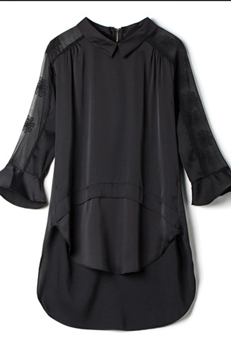 Lapel Neck Flare Sleeve Sheer Mesh Patch Side Slit Short Front  Back Top