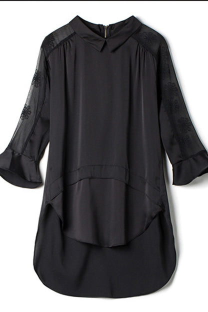 Lapel Neck Flare Sleeve Sheer Mesh Patch Side Slit Short Front  Back Top
