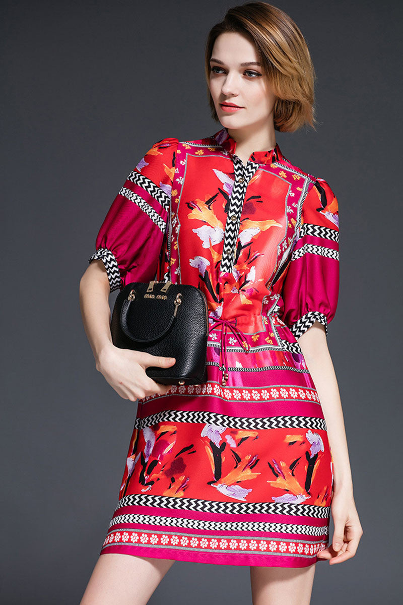 Multi Color Pattern 3/4 Puff Sleeve Adjustable Lacing Waist Dress - NJOYDRESS - 1