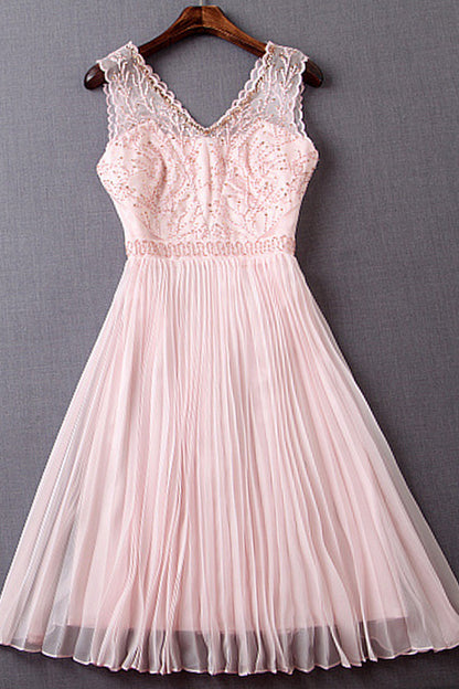 V-Neck Embroidered Mixed Bead Illusion Pleated Cocktail Dress