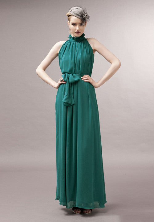 Ruffle Neck Solid Chiffon Boho Dress