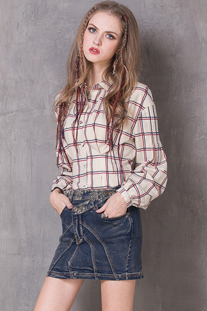 [30% OFF TILL 8 APR] Long Sleeve Plaid Casual Blouse
