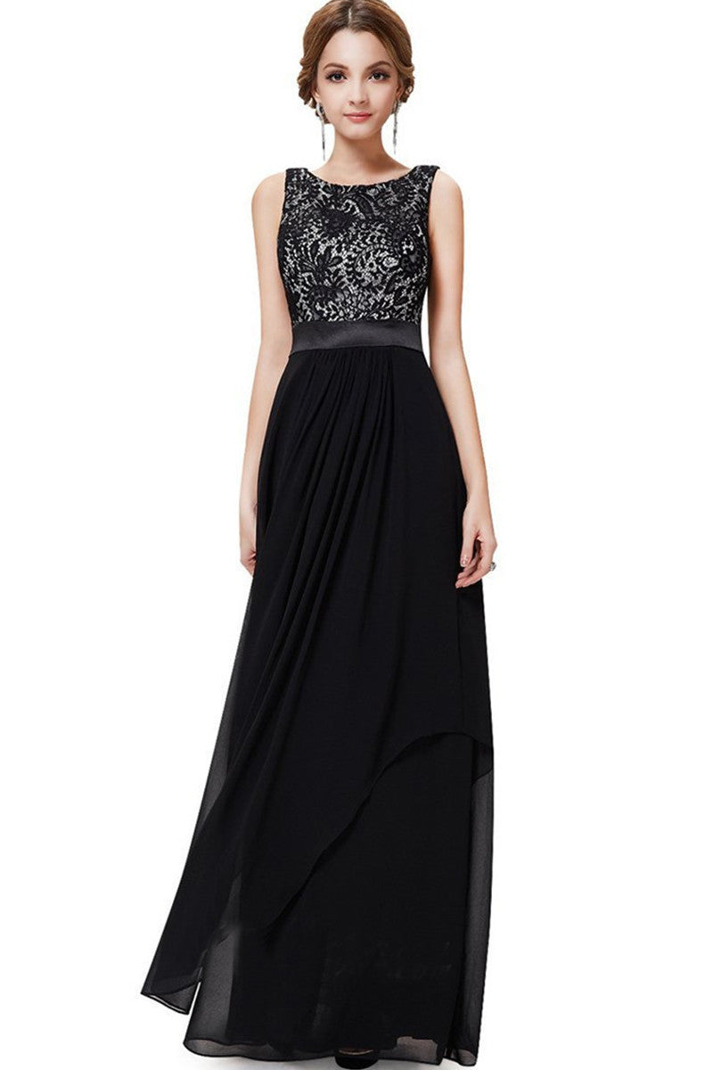 Round Collar Lace Applique Empire Waist Backless Flare Hem Tulle Gown Dress