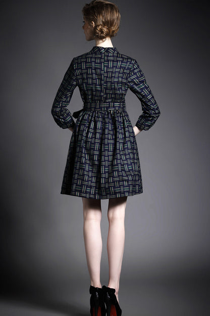 Women's Slim Plaids Dress Long Sleeve Stand Collar Grace Vintage Dress