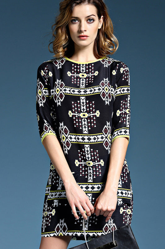WOMEN'S CASUAL PRINT AND FLORAL HALF SLEEVE ROUND NECK SHORT DRESS