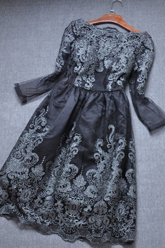 Boat Neck Mesh Patch  Embroidery Retro Slim Dress - NJOYDRESS - 1