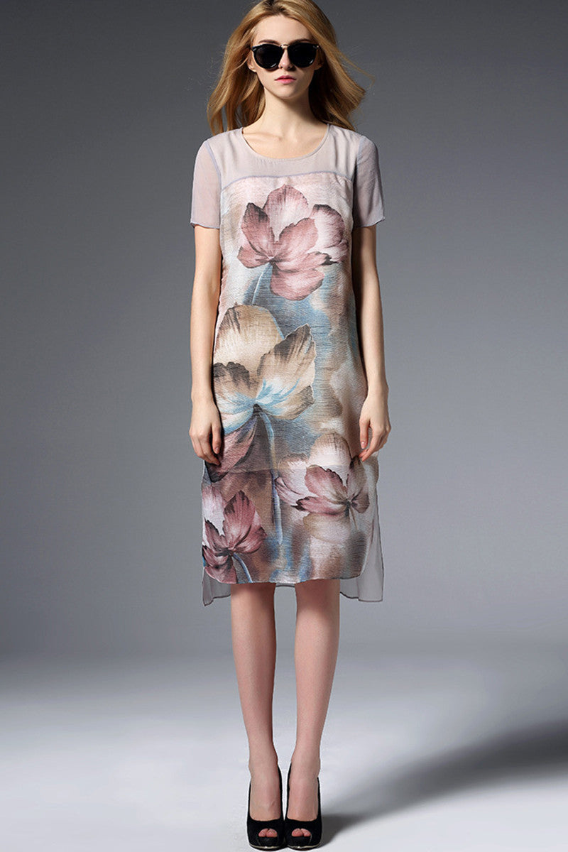 [50% OFF TILL 8 APR] Round Collar Flowers Print Side Slit Irregular Dress
