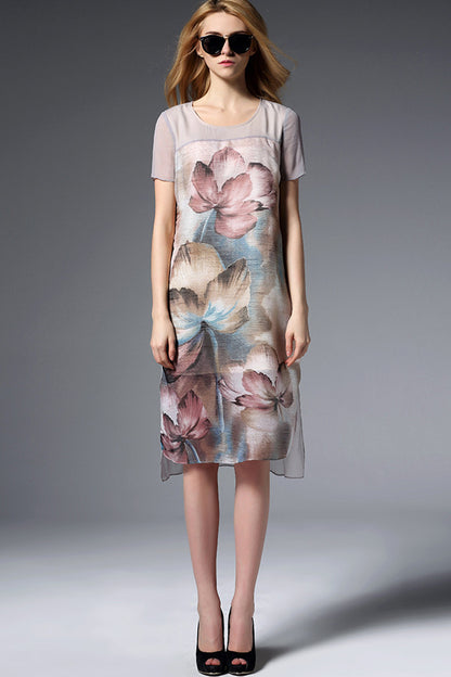 [50% OFF TILL 8 APR] Round Collar Flowers Print Side Slit Irregular Dress
