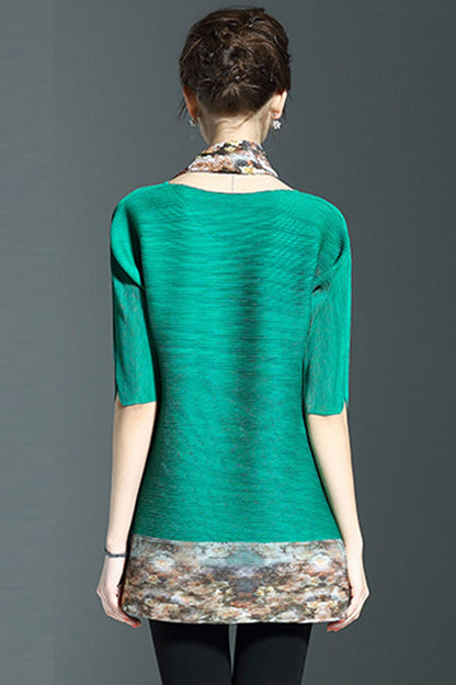 Scoop Neck Abstract Print Fold Loose Dress With Neckerchief
