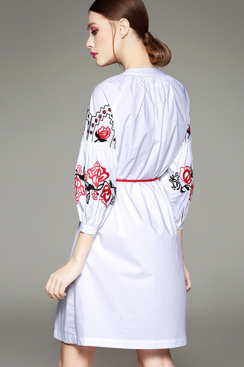 Lattern Sleeve FloraL Embroidery Full Dress With Belt