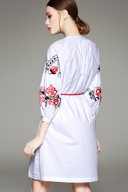 Lattern Sleeve FloraL Embroidery Full Dress With Belt