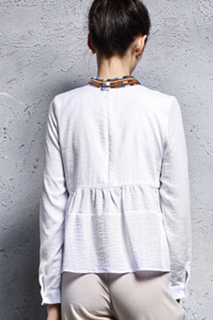 Stand Collar Tassel Patch  Embroidered Shirt - NJOYDRESS - 3
