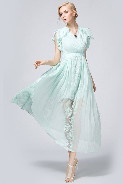 Multi Ruffle Sleeve Open Overlap Lace-inset Maxi Dress
